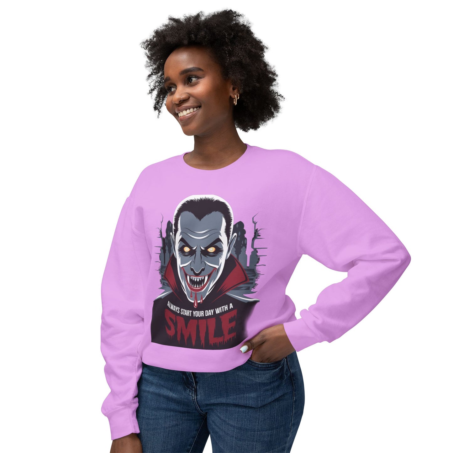 Unisex Halloween Vampire Crewneck Sweatshirt - 'Always Start Your Day with a Smile'