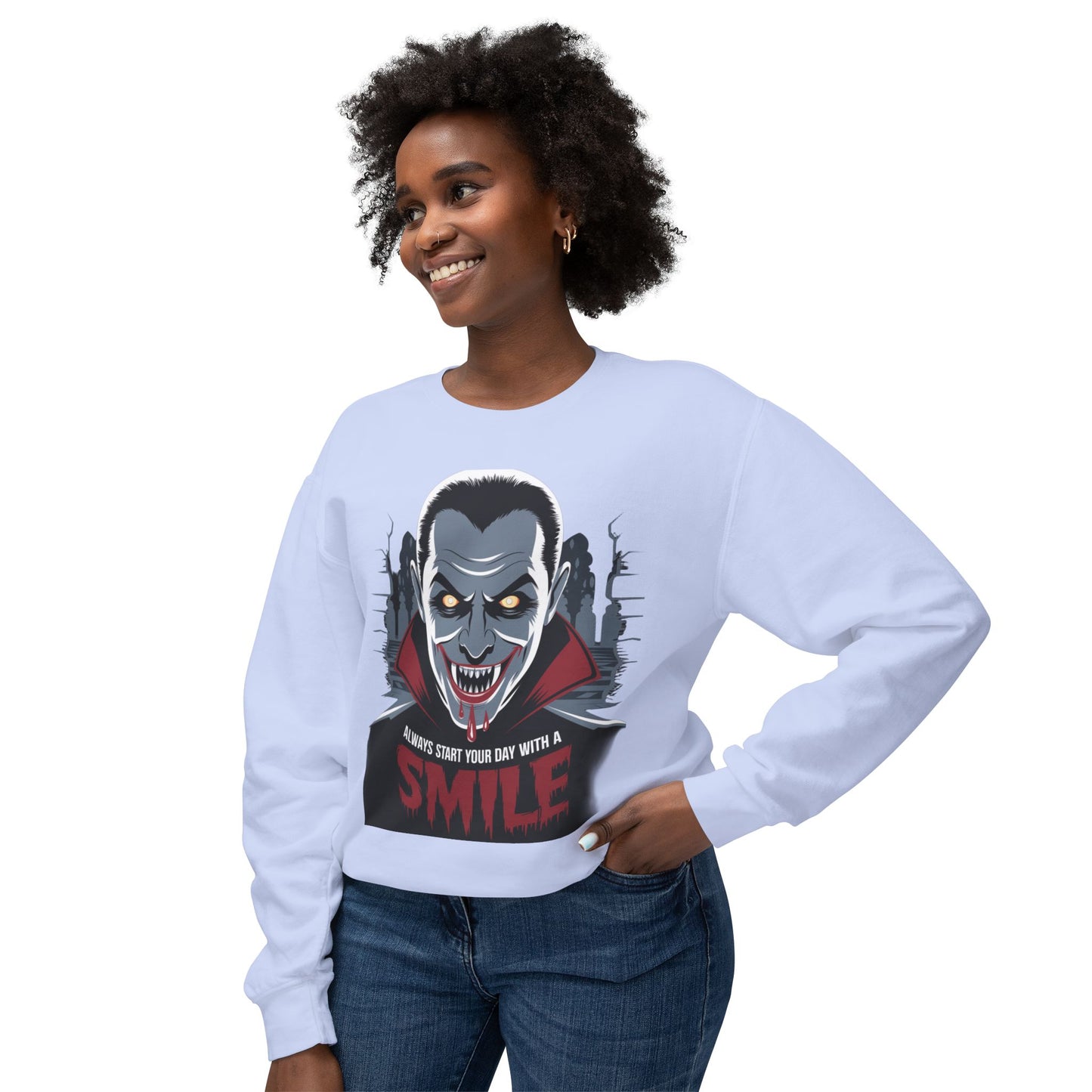 Unisex Halloween Vampire Crewneck Sweatshirt - 'Always Start Your Day with a Smile'