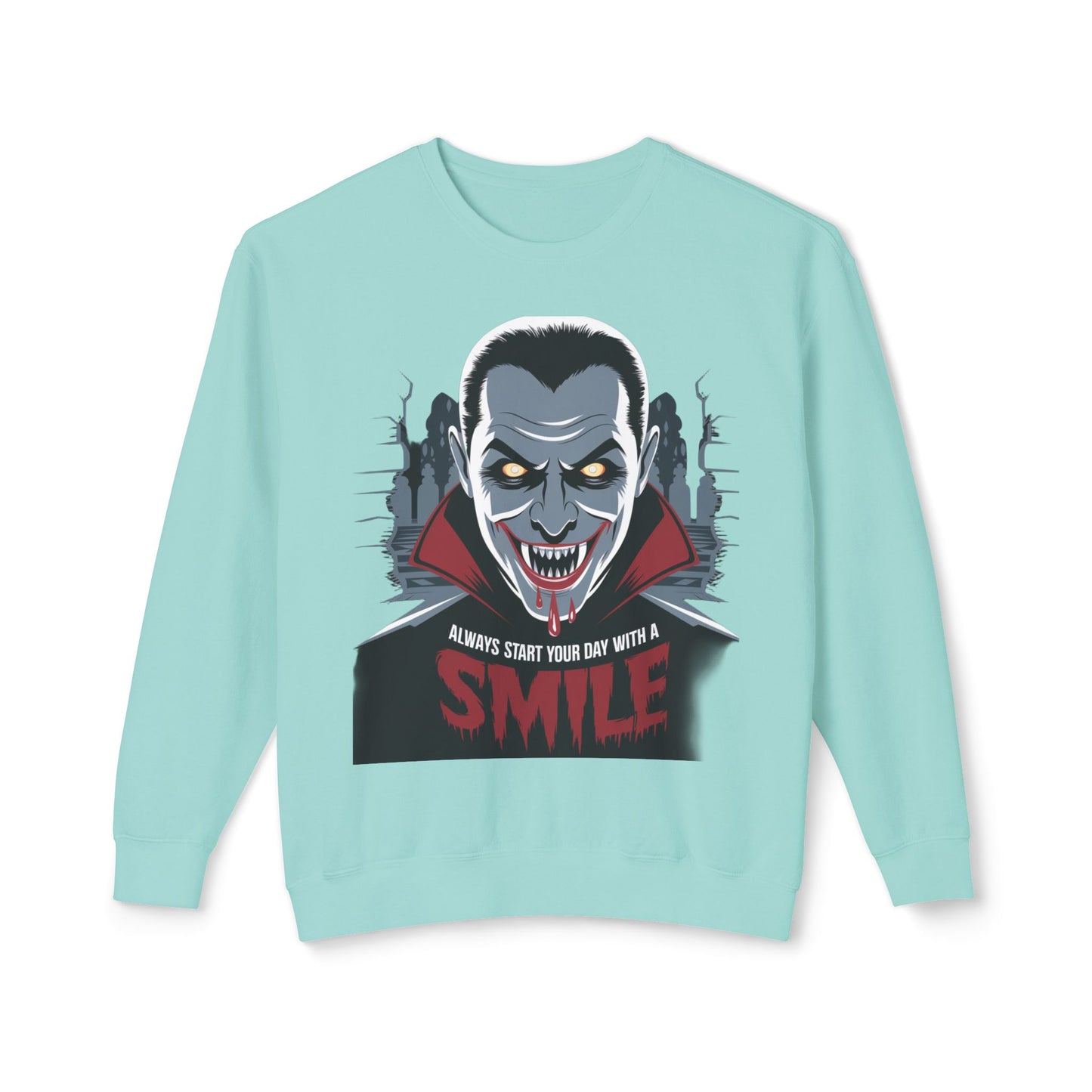 Unisex Halloween Vampire Crewneck Sweatshirt - 'Always Start Your Day with a Smile'