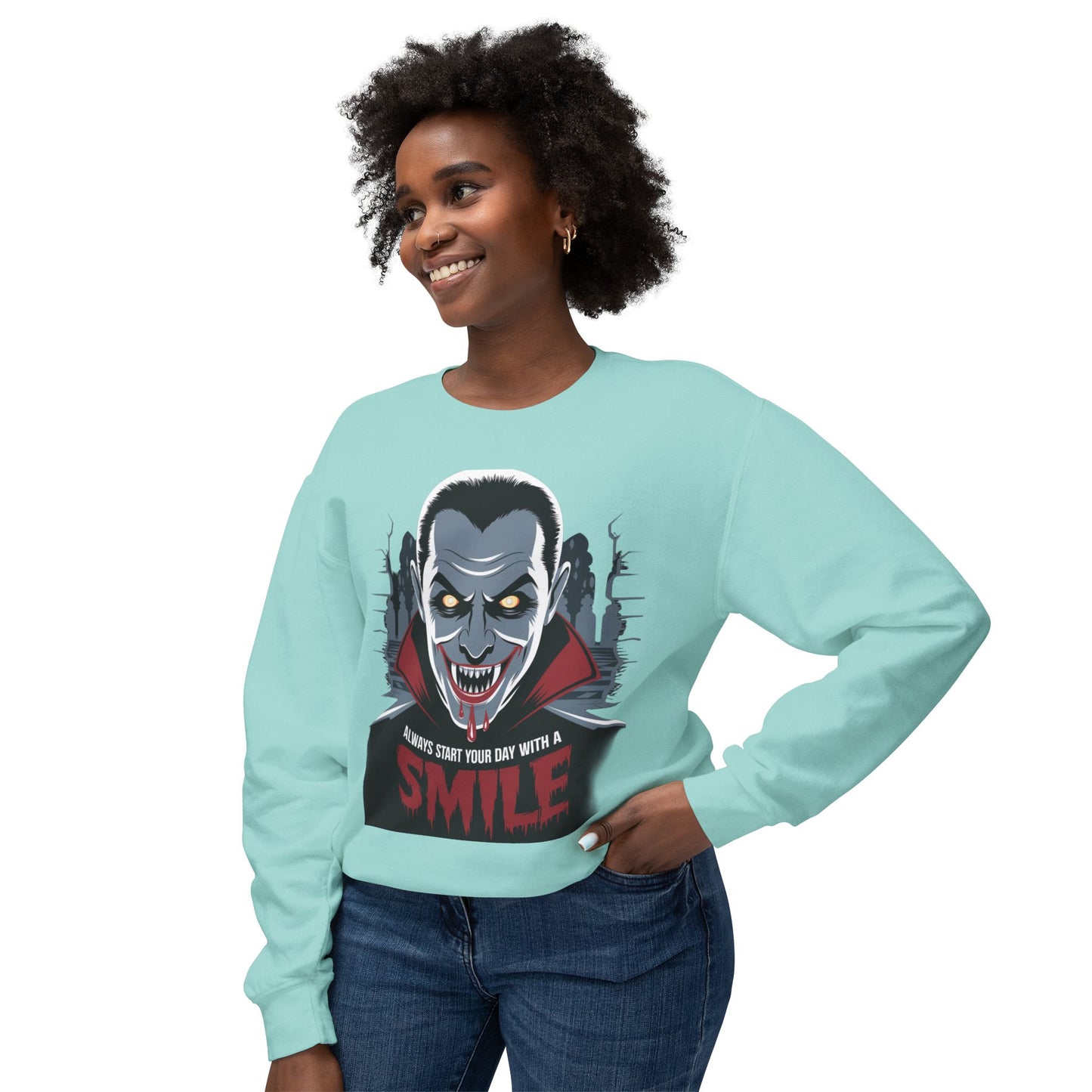 Unisex Halloween Vampire Crewneck Sweatshirt - 'Always Start Your Day with a Smile'