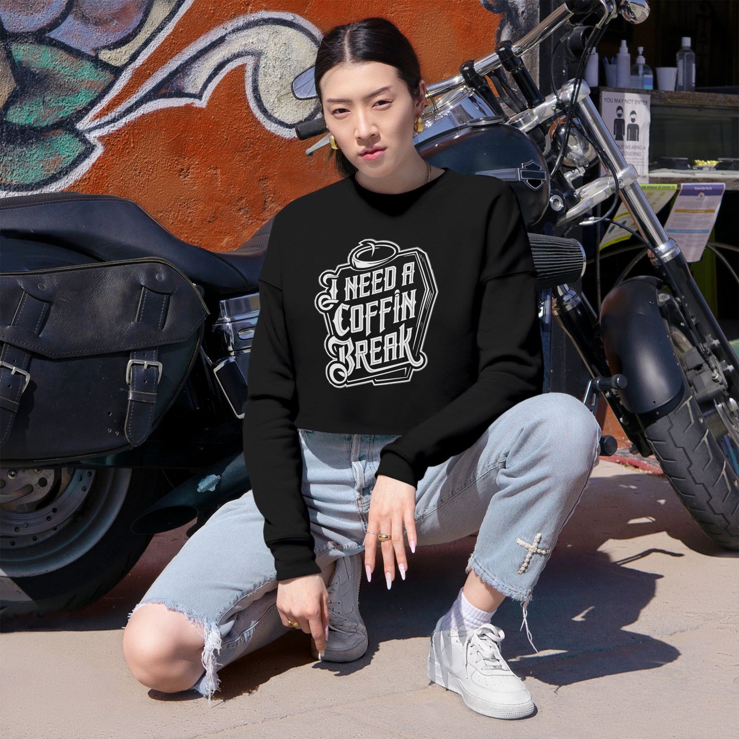 I Need A Coffin Break Cropped Sweatshirt for Stylish Mortals - Trendy Fall Fashion