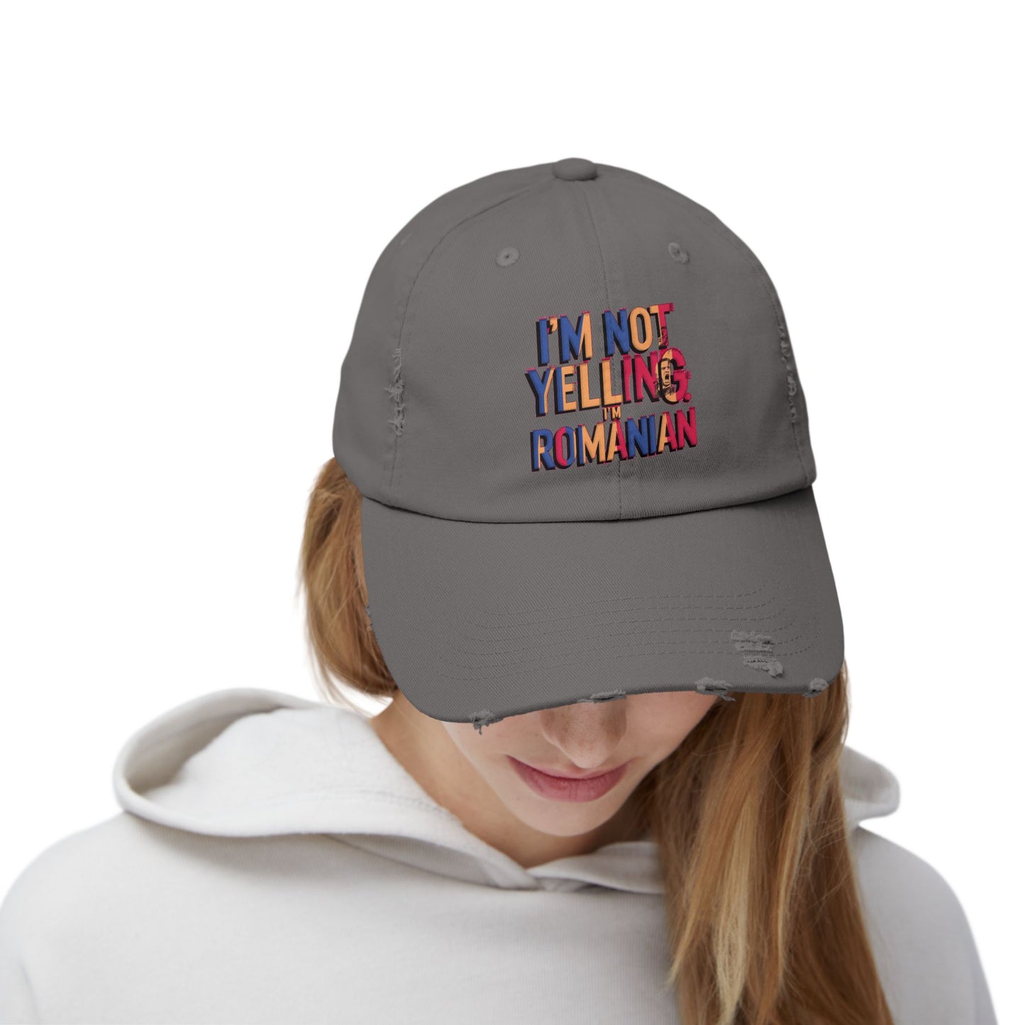 Funny Unisex Distressed Cap - 'I'm Not Yelling, I'm Romanian'