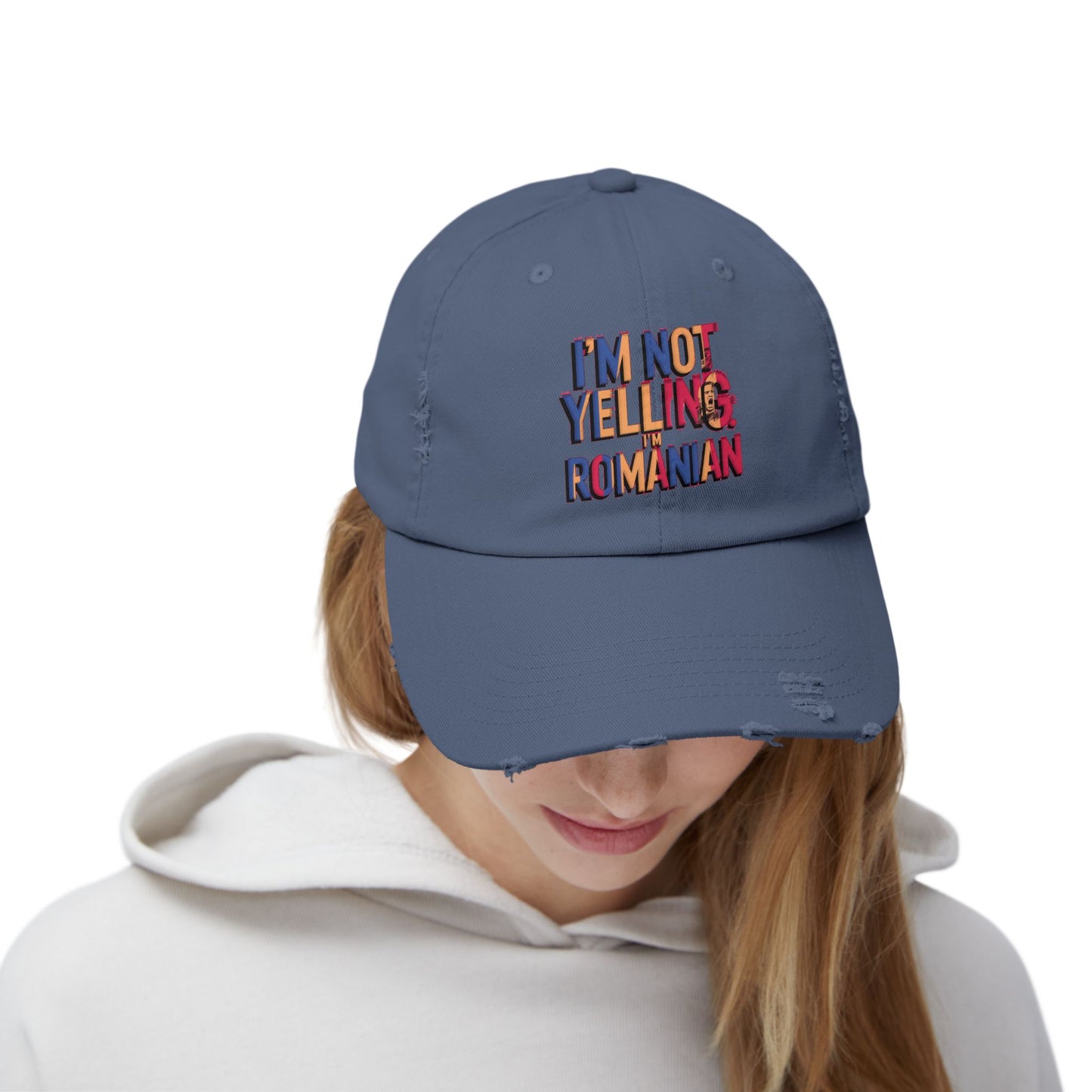Funny Unisex Distressed Cap - 'I'm Not Yelling, I'm Romanian'