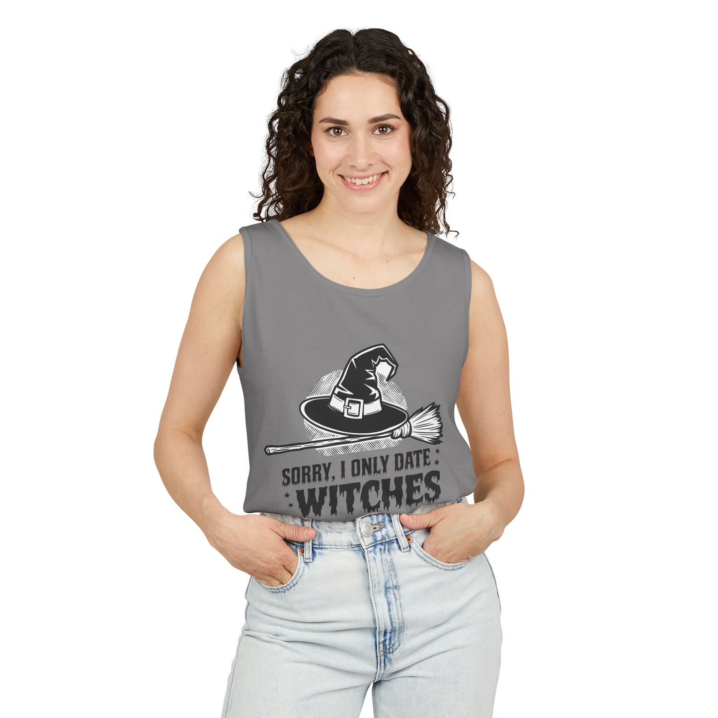 Funny Witches Date Tank Top - Unisex Garment-Dyed Tee for Halloween