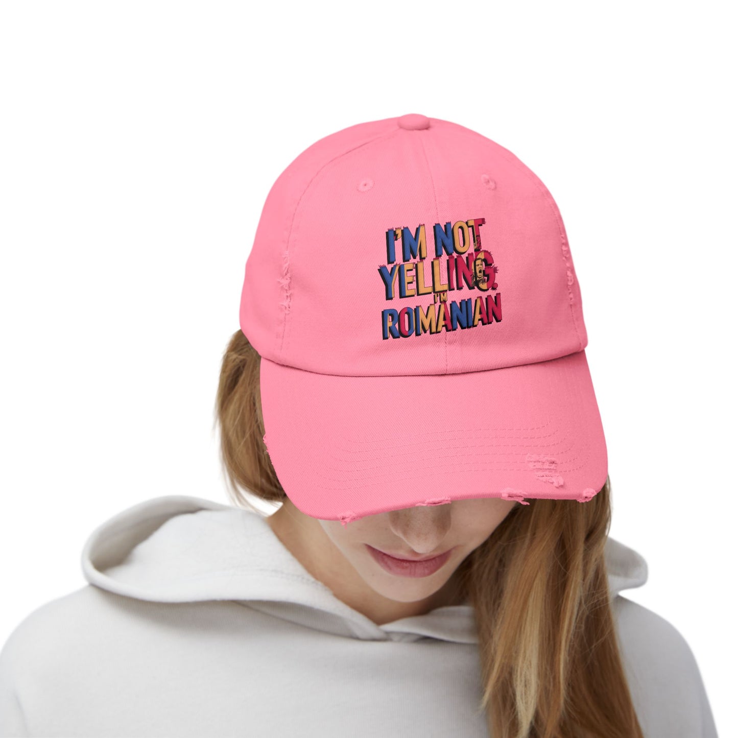 Funny Unisex Distressed Cap - 'I'm Not Yelling, I'm Romanian'