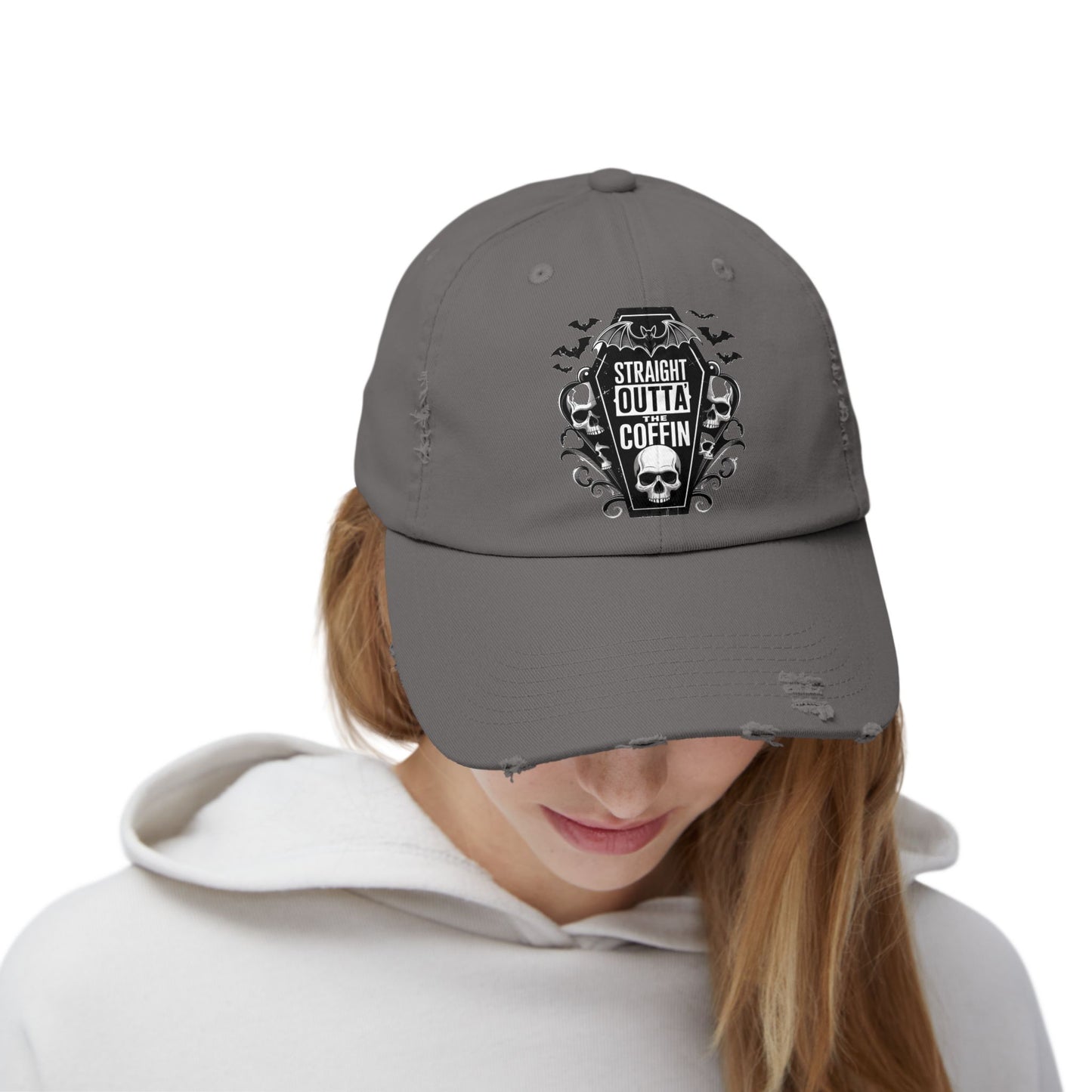 Straight Outta Coffin Distressed Cap - Unisex Skull Hat