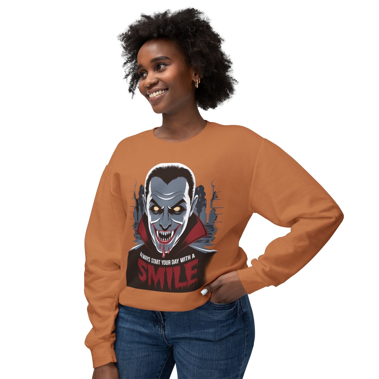 Unisex Halloween Vampire Crewneck Sweatshirt - 'Always Start Your Day with a Smile'