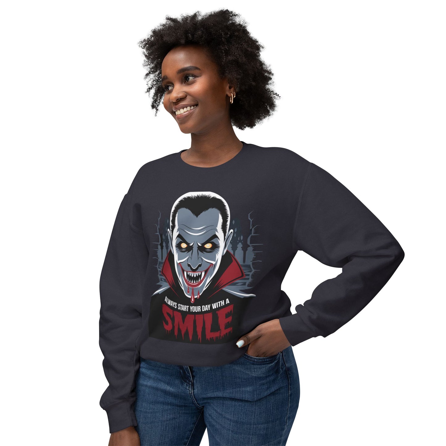 Unisex Halloween Vampire Crewneck Sweatshirt - 'Always Start Your Day with a Smile'