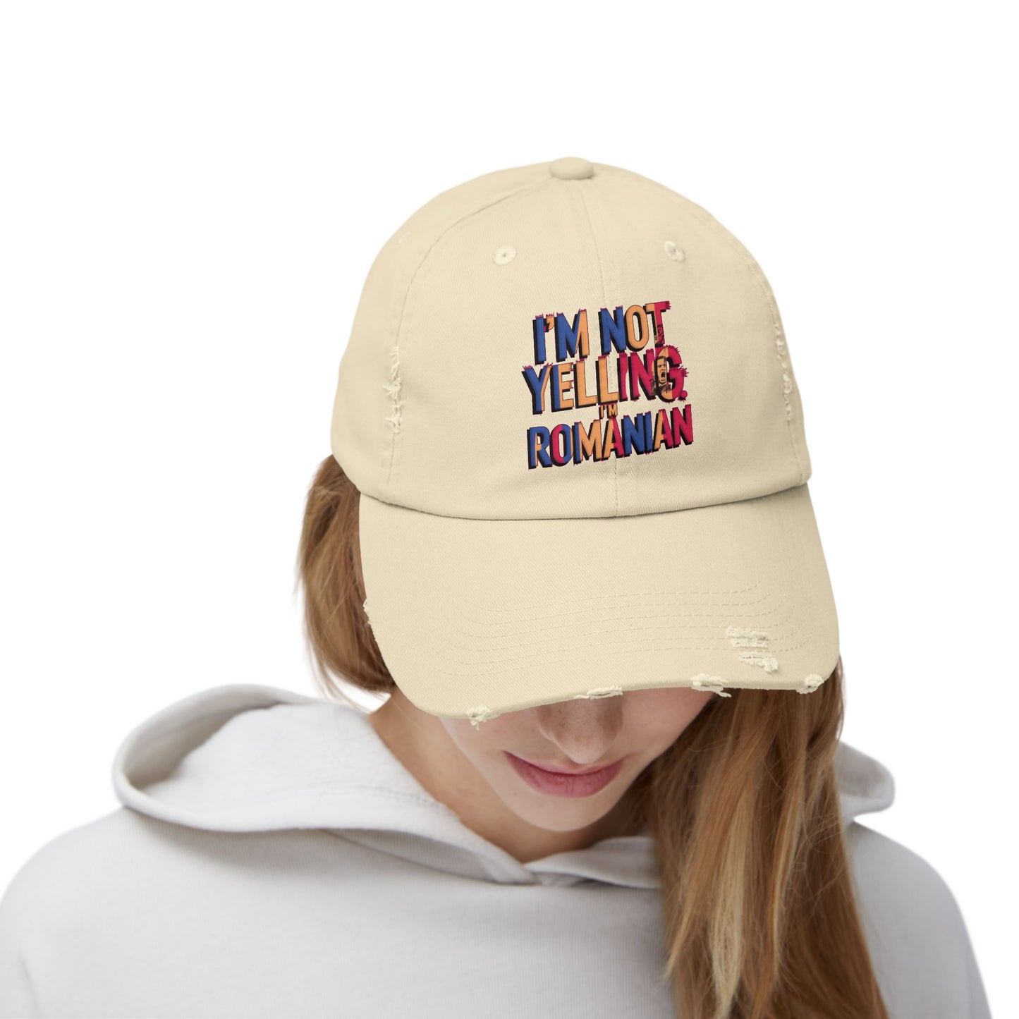 Funny Unisex Distressed Cap - 'I'm Not Yelling, I'm Romanian'