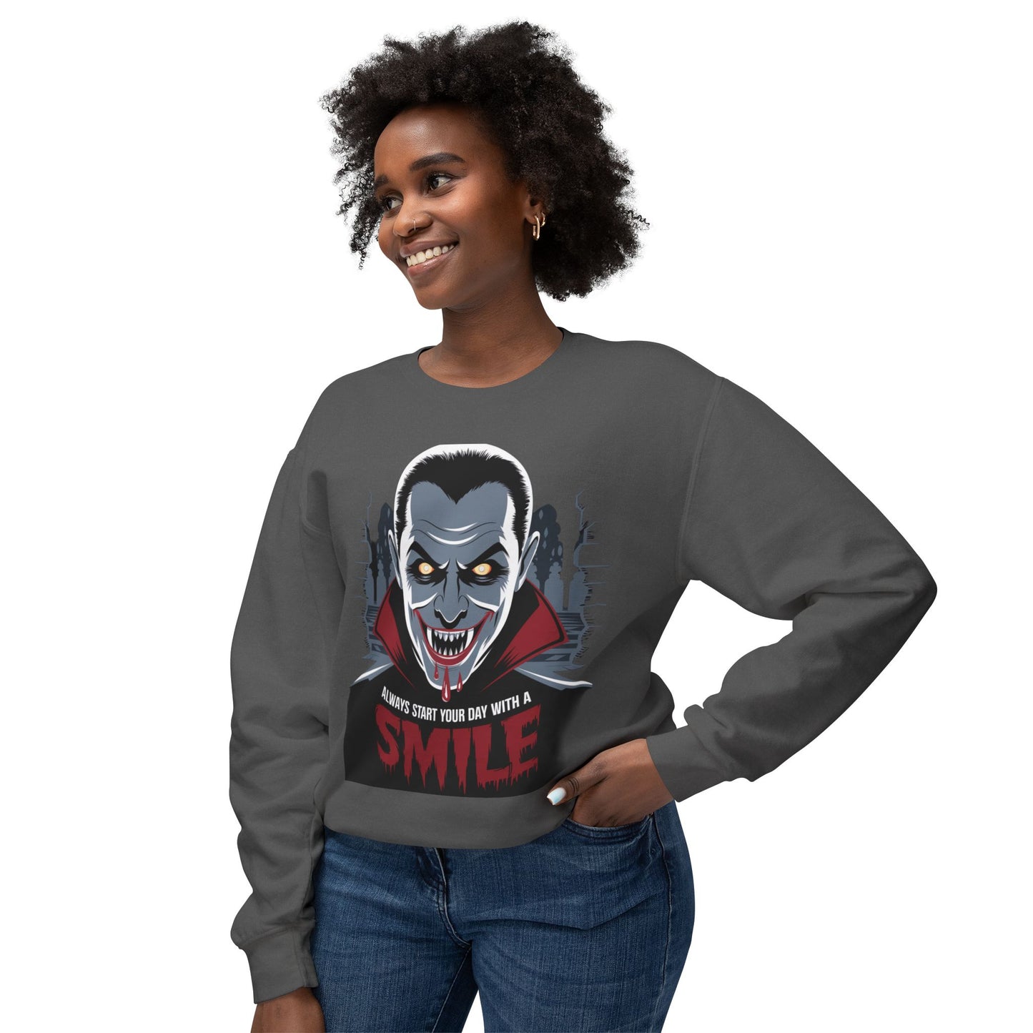 Unisex Halloween Vampire Crewneck Sweatshirt - 'Always Start Your Day with a Smile'