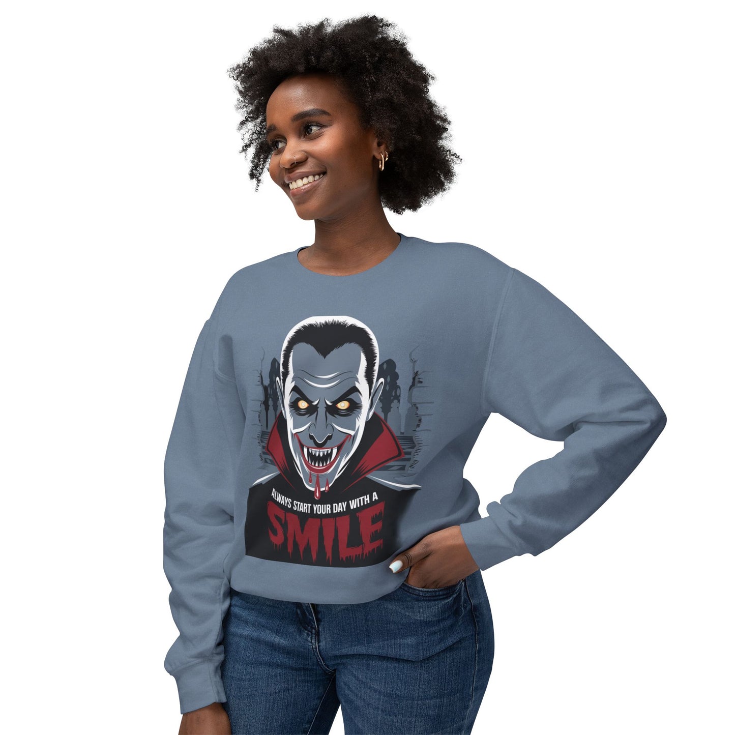 Unisex Halloween Vampire Crewneck Sweatshirt - 'Always Start Your Day with a Smile'