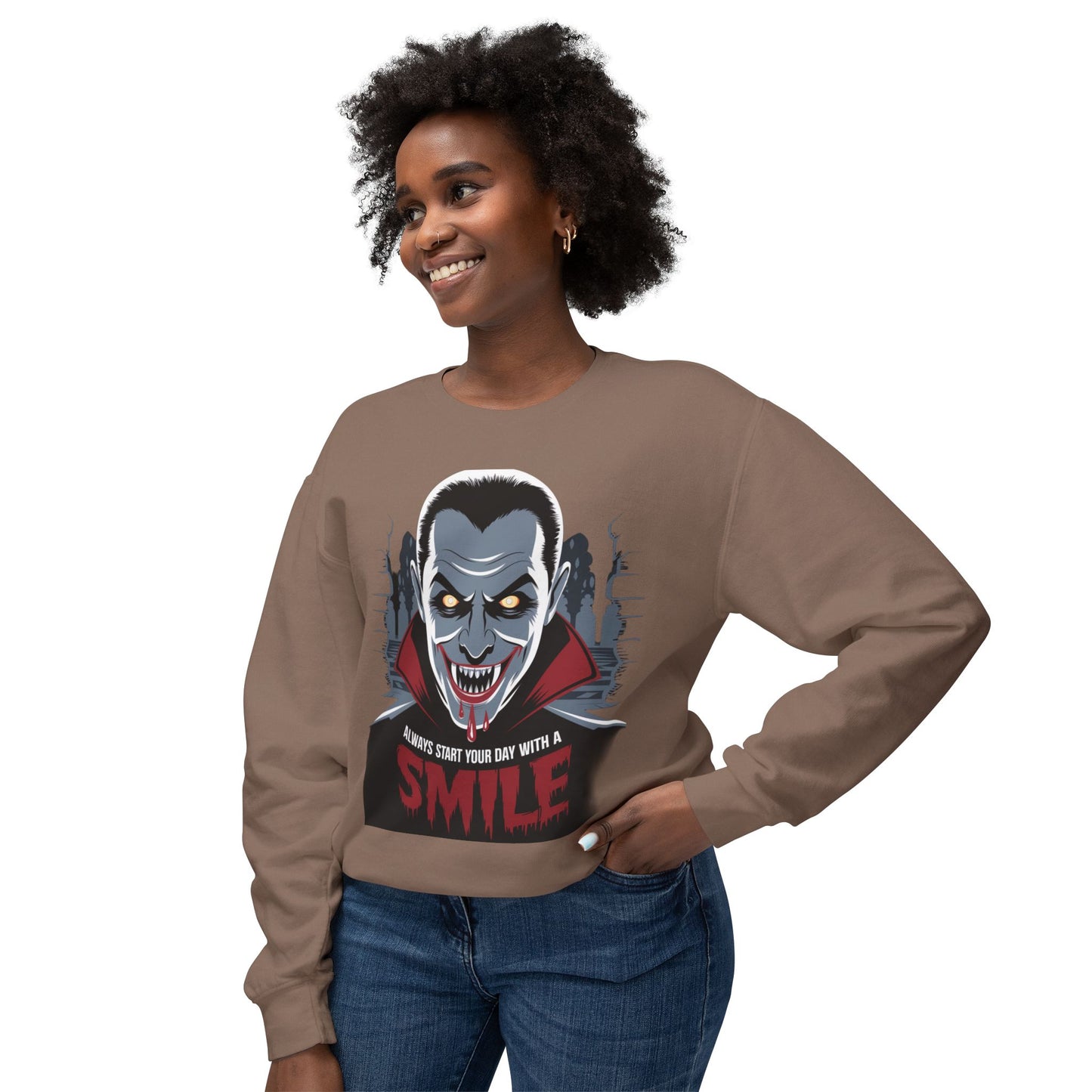 Unisex Halloween Vampire Crewneck Sweatshirt - 'Always Start Your Day with a Smile'