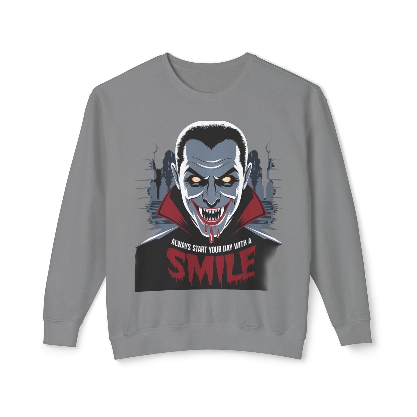 Unisex Halloween Vampire Crewneck Sweatshirt - 'Always Start Your Day with a Smile'