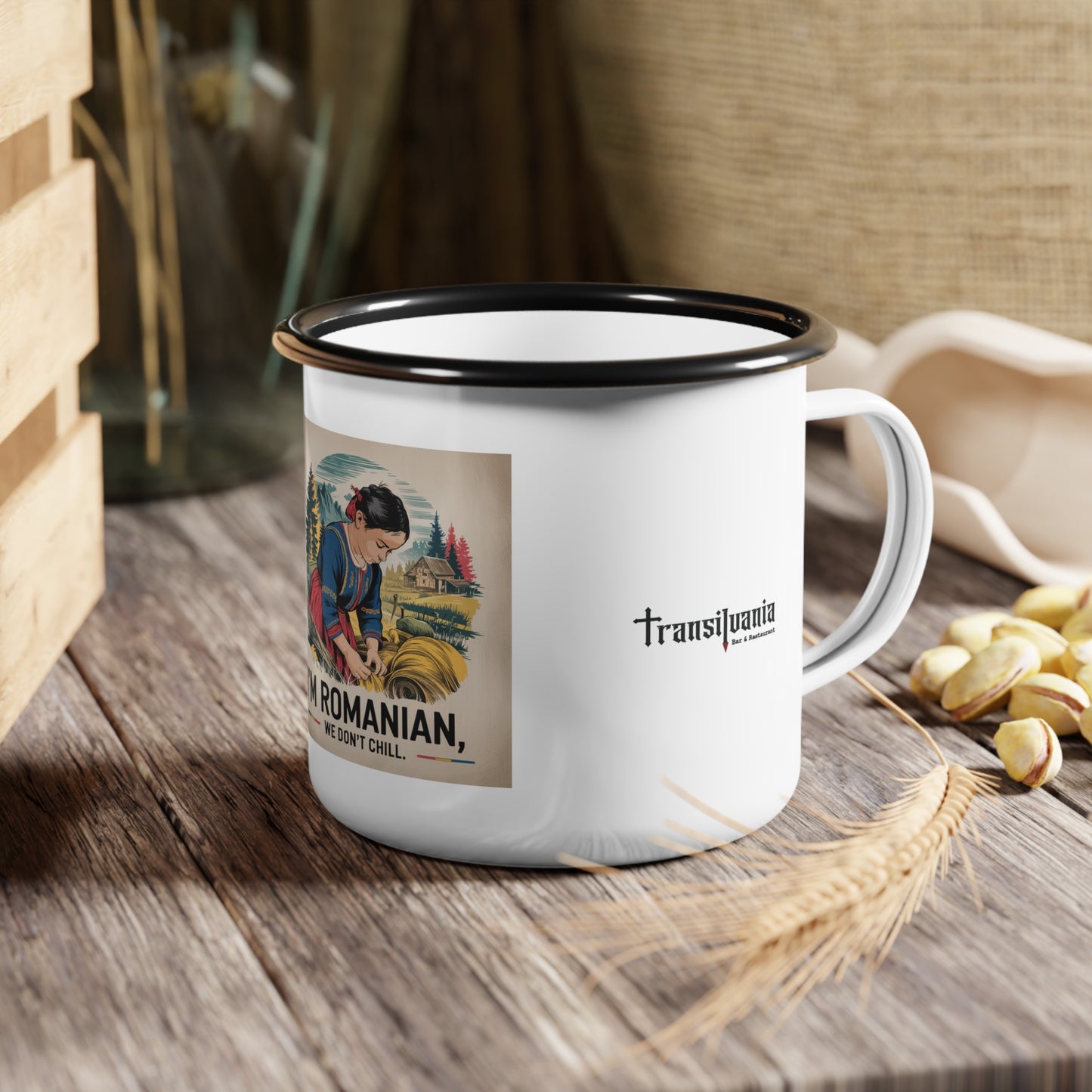 Vintage Enamel Camp Cup - 'I'm Romanian, We Don't Chill'