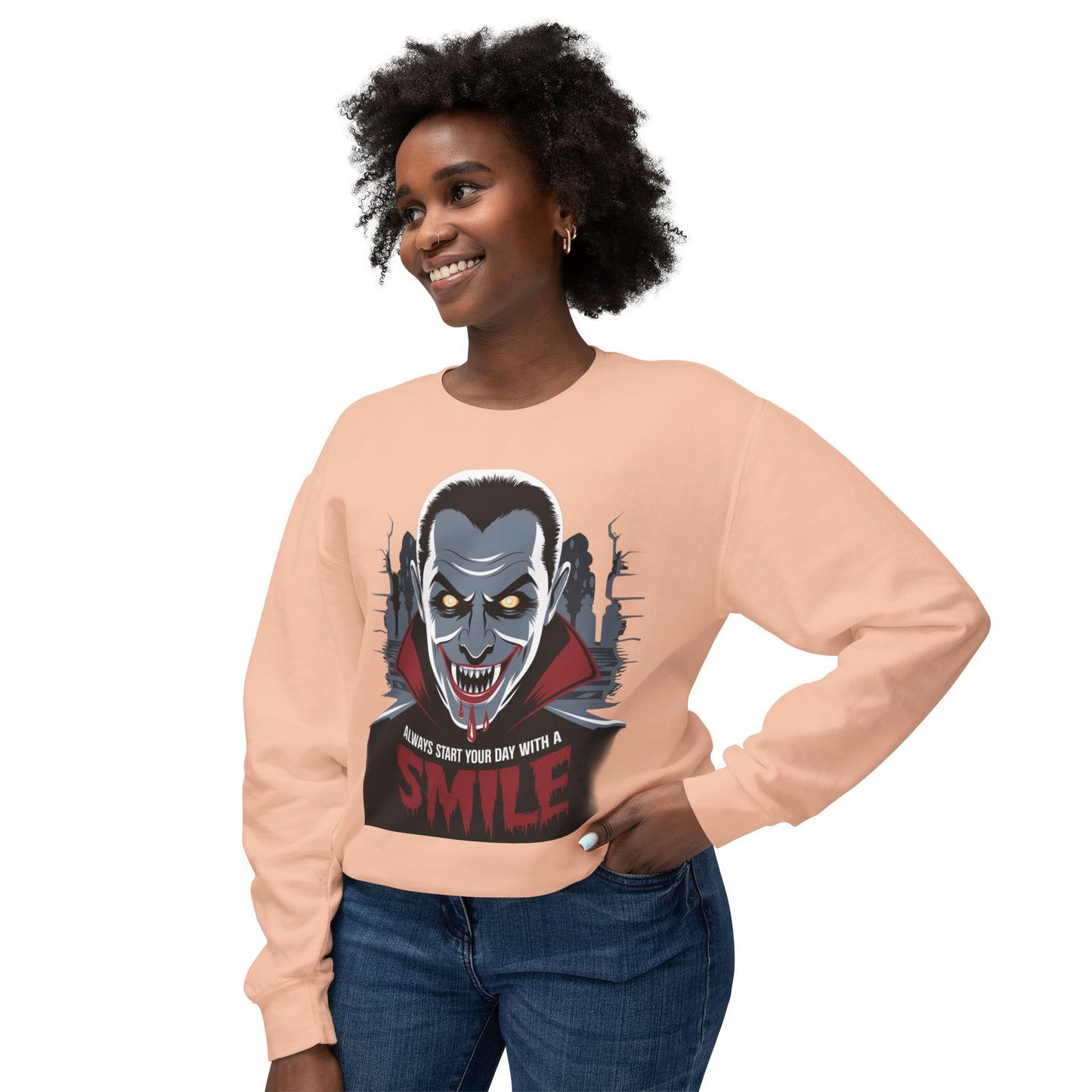 Unisex Halloween Vampire Crewneck Sweatshirt - 'Always Start Your Day with a Smile'