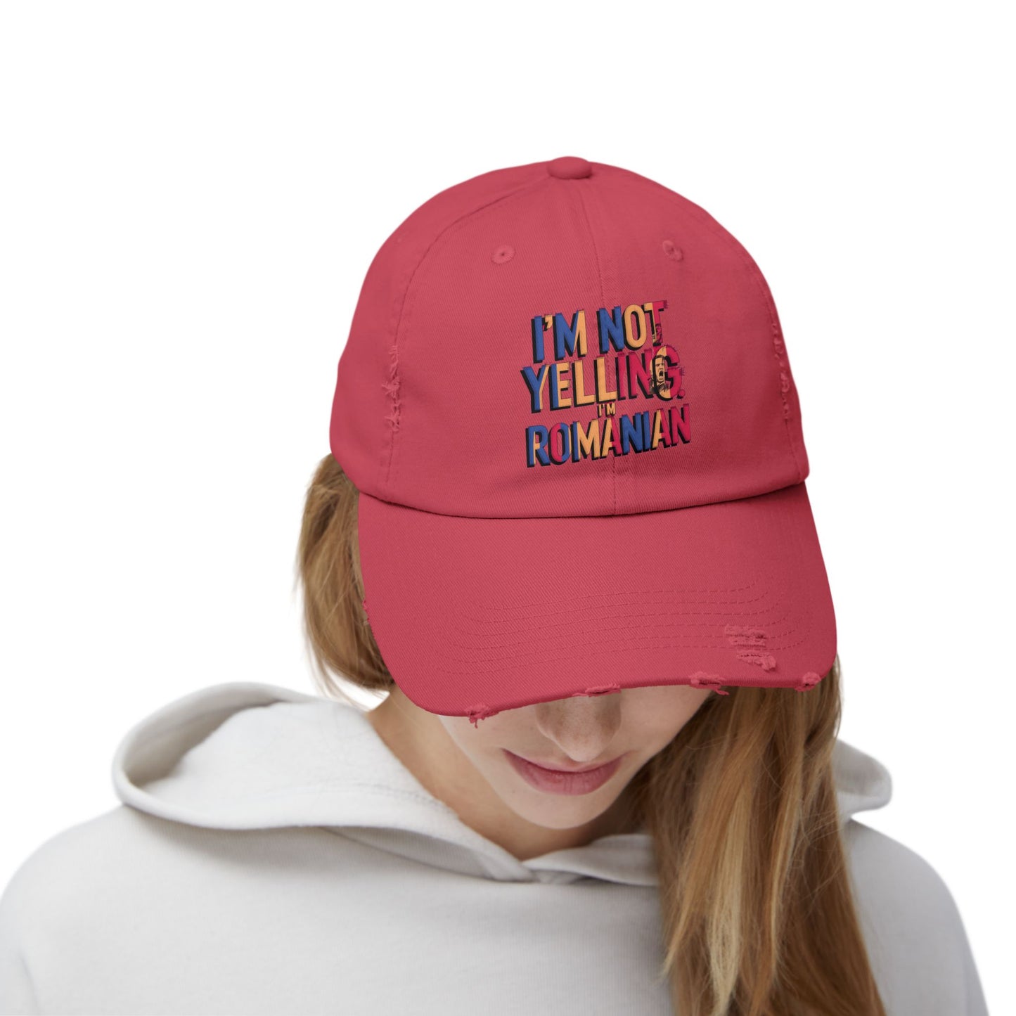 Funny Unisex Distressed Cap - 'I'm Not Yelling, I'm Romanian'