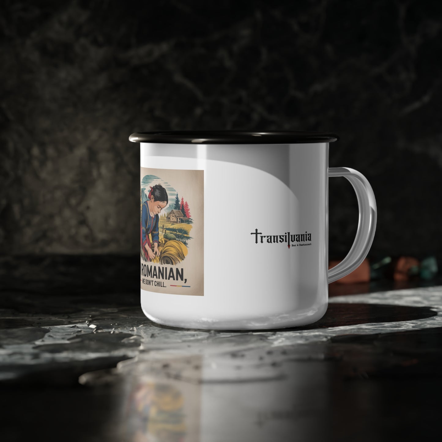 Vintage Enamel Camp Cup - 'I'm Romanian, We Don't Chill'