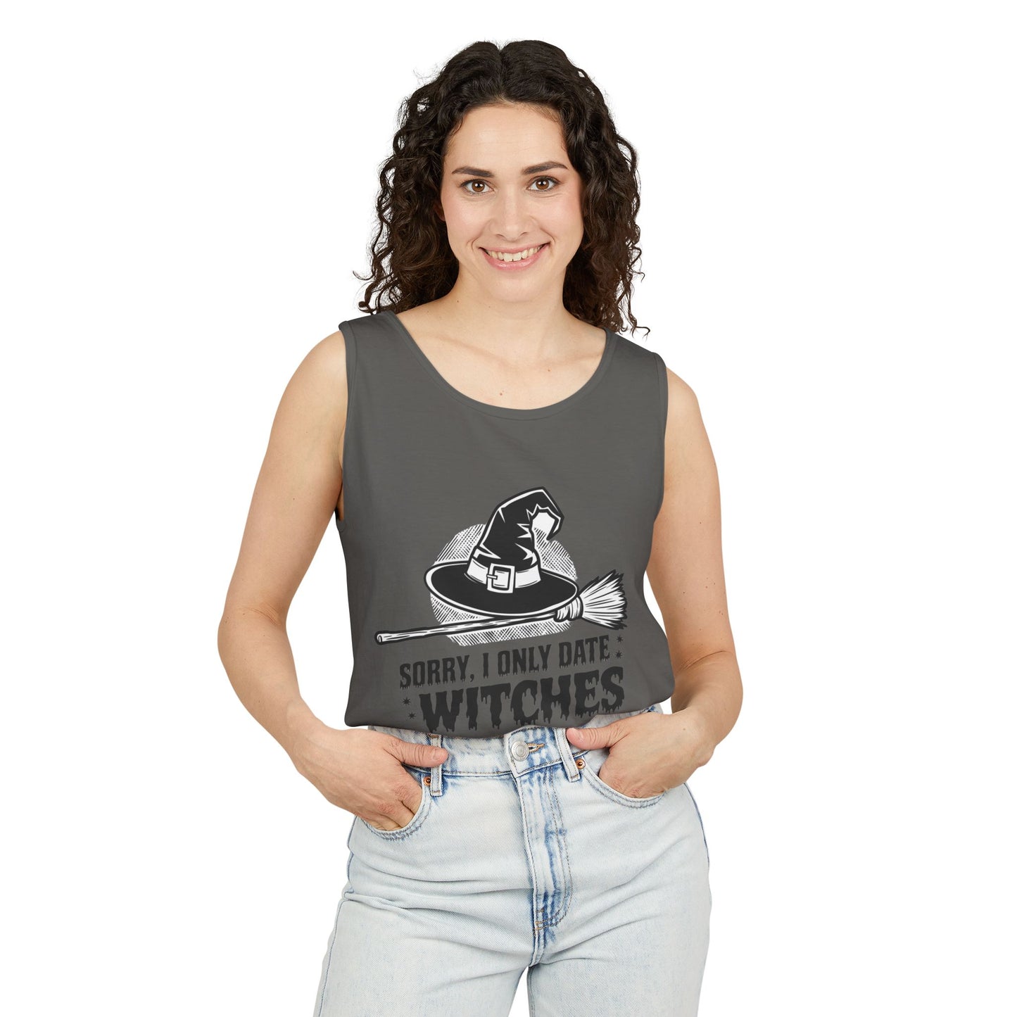 Funny Witches Date Tank Top - Unisex Garment-Dyed Tee for Halloween