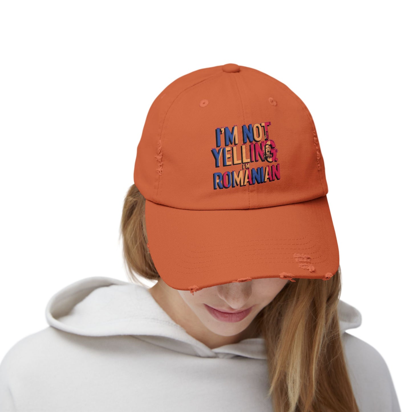 Funny Unisex Distressed Cap - 'I'm Not Yelling, I'm Romanian'