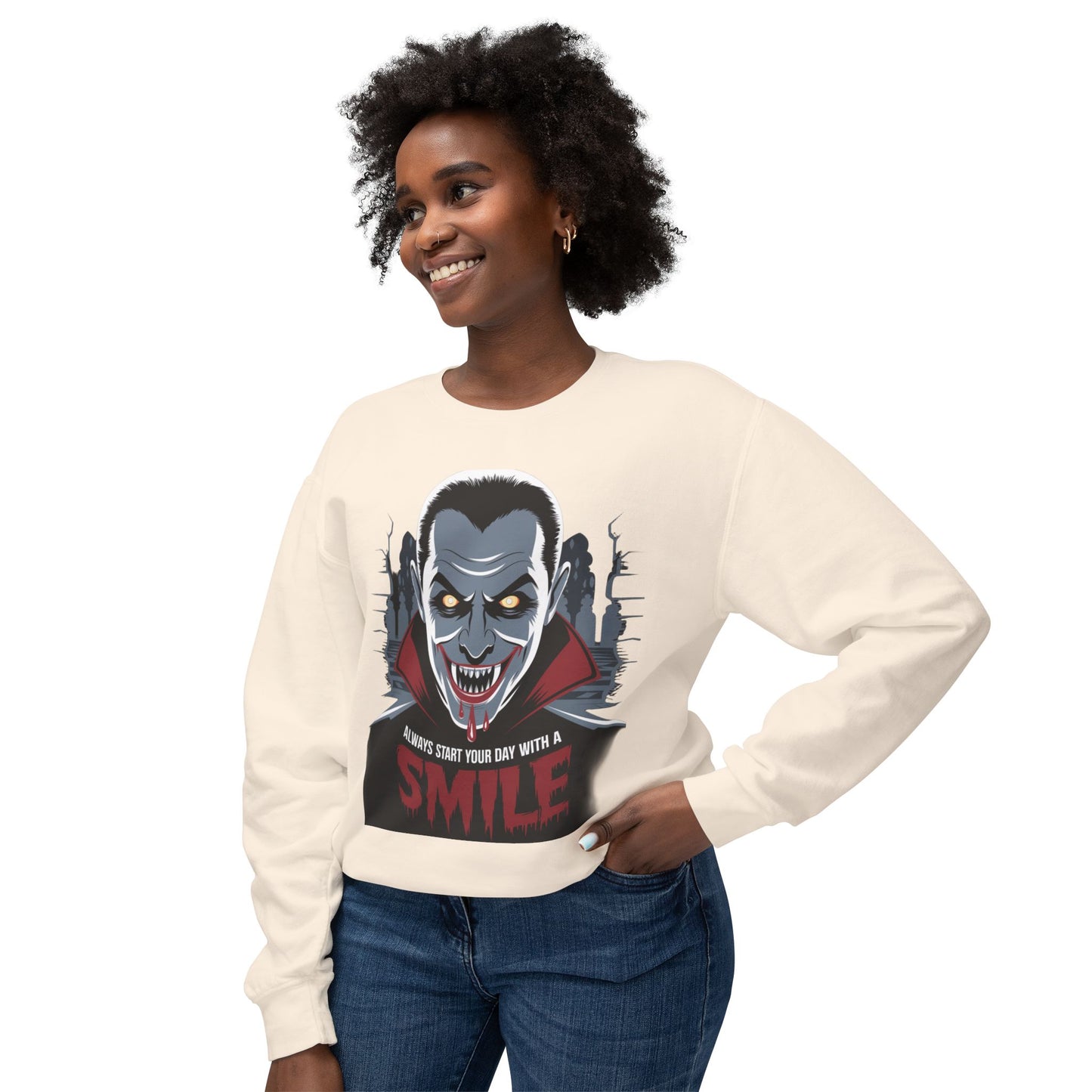 Unisex Halloween Vampire Crewneck Sweatshirt - 'Always Start Your Day with a Smile'