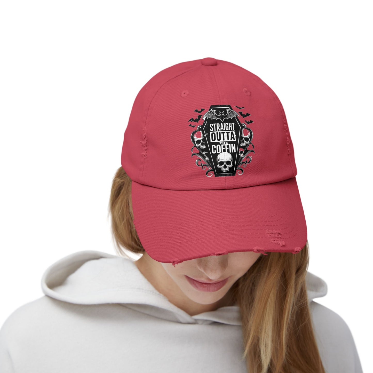 Straight Outta Coffin Distressed Cap - Unisex Skull Hat