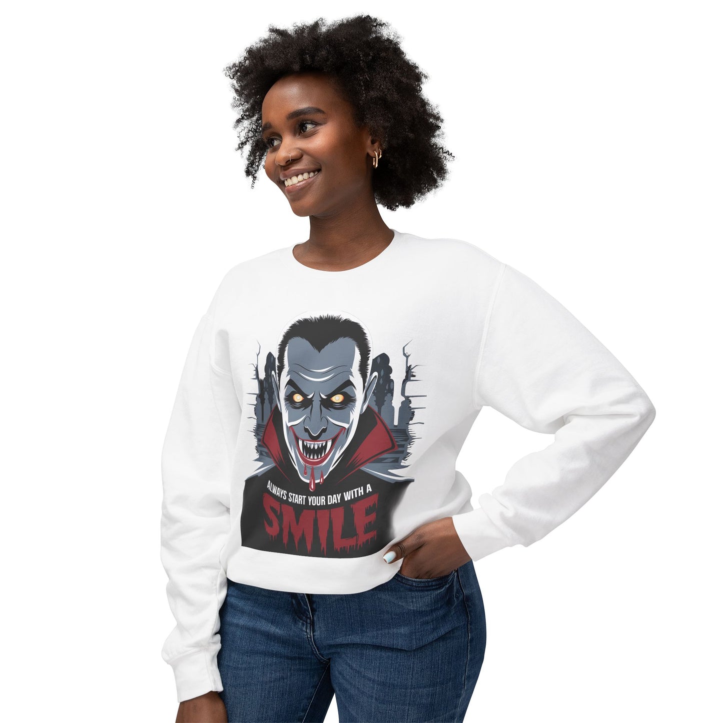 Unisex Halloween Vampire Crewneck Sweatshirt - 'Always Start Your Day with a Smile'