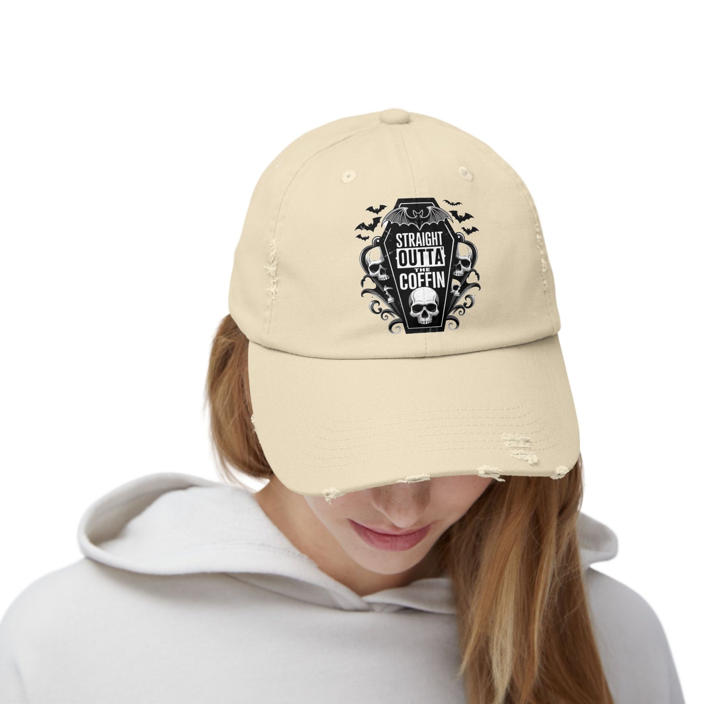 Straight Outta Coffin Distressed Cap - Unisex Skull Hat