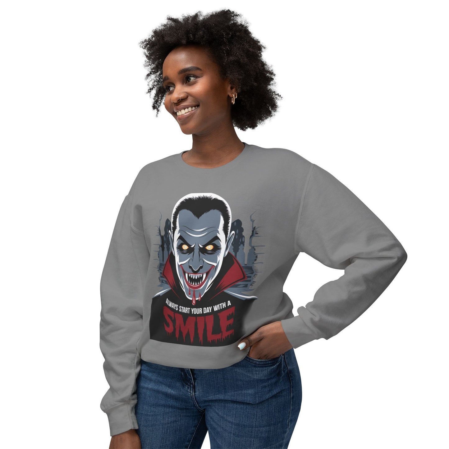 Unisex Halloween Vampire Crewneck Sweatshirt - 'Always Start Your Day with a Smile'
