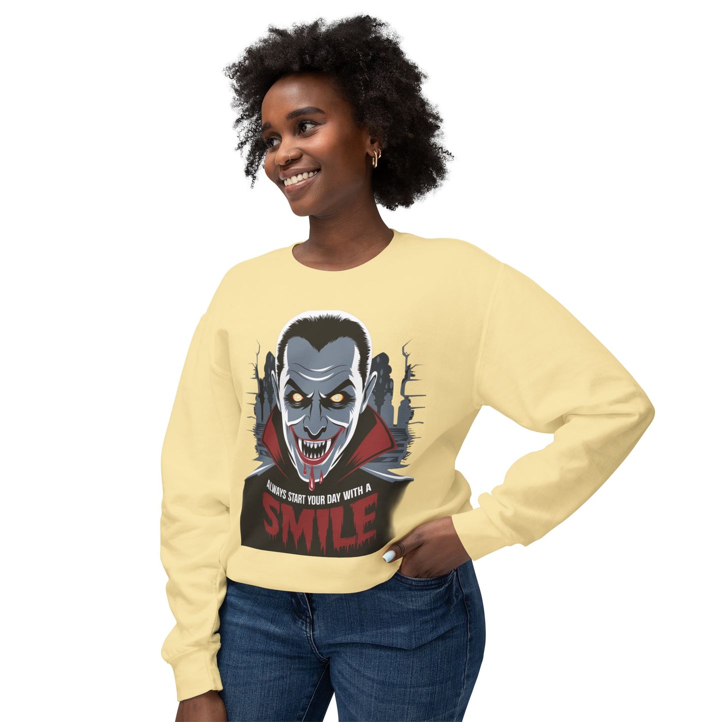 Unisex Halloween Vampire Crewneck Sweatshirt - 'Always Start Your Day with a Smile'