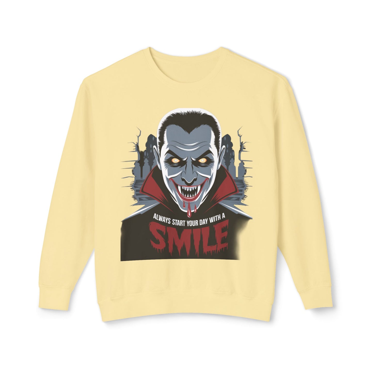 Unisex Halloween Vampire Crewneck Sweatshirt - 'Always Start Your Day with a Smile'