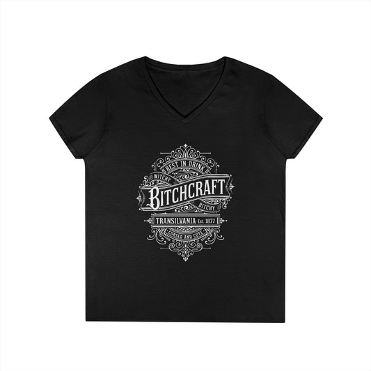 Bitchcraft V-Neck T-Shirt for Witches, Halloween Apparel, Gift for Her, Fun Gothic Top, Transylvania Inspired Fashion
