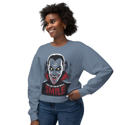 Unisex Halloween Vampire Crewneck Sweatshirt - 'Always Start Your Day with a Smile'