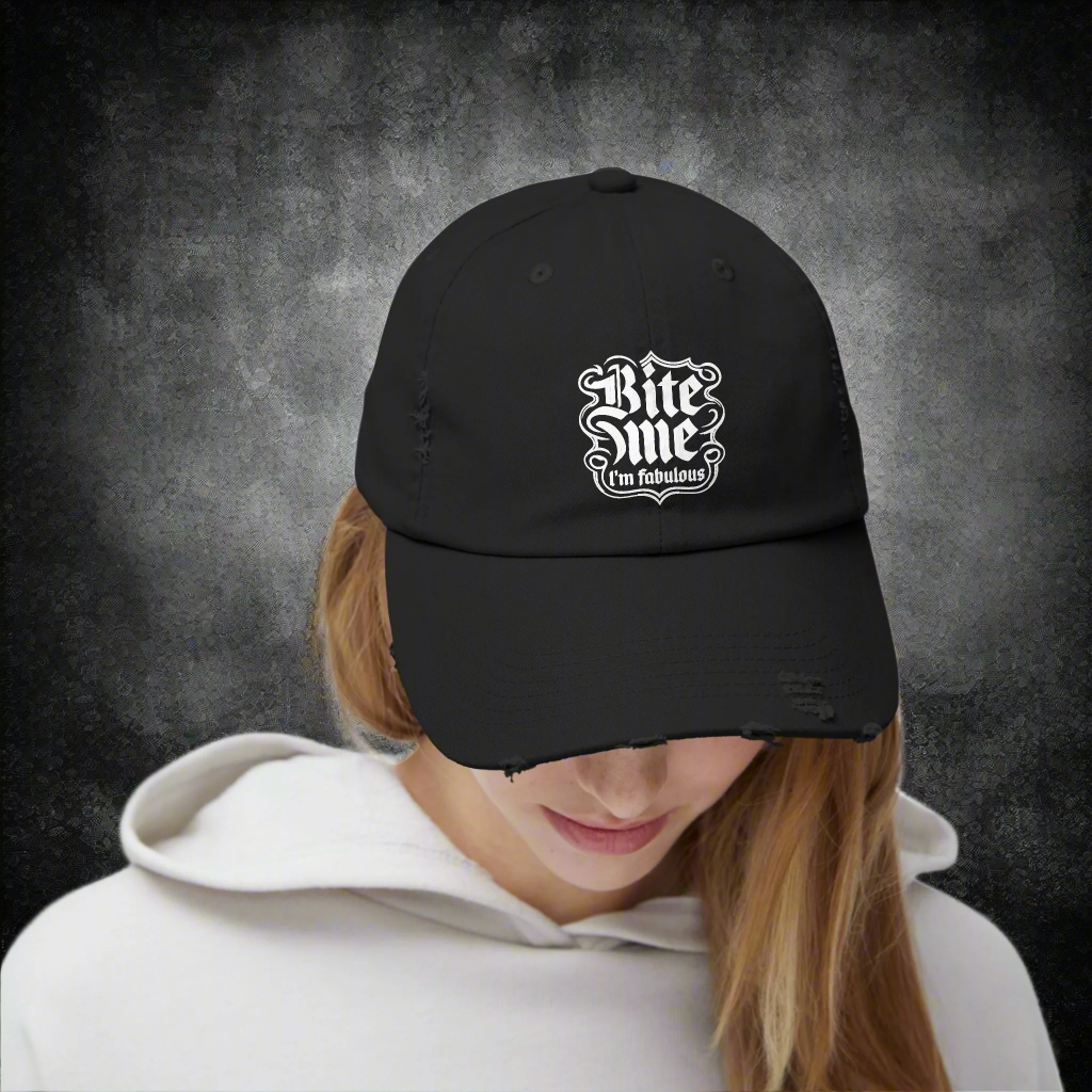 Unisex Distressed Cap - 'Bite Me I'm Fabulous' Fashion Hat for Trendy Style
