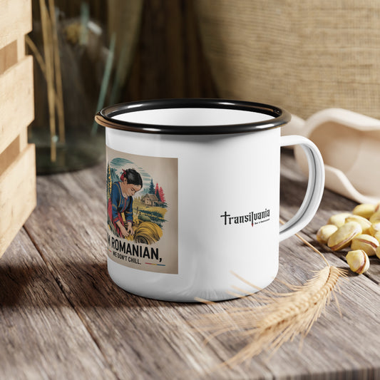 Vintage Enamel Camp Cup - 'I'm Romanian, We Don't Chill'