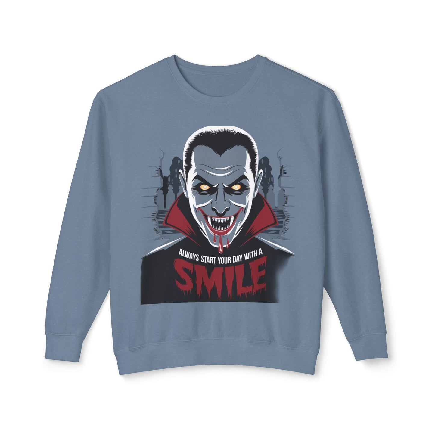 Unisex Halloween Vampire Crewneck Sweatshirt - 'Always Start Your Day with a Smile'