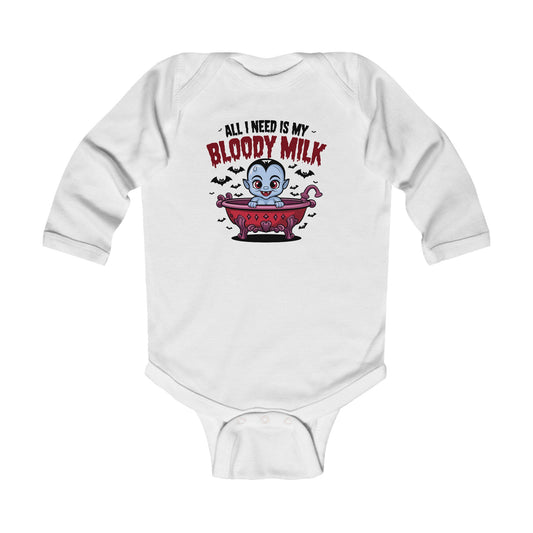 Cute Halloween Infant Long Sleeve Bodysuit - "All I Need Is My Bloody Milk"