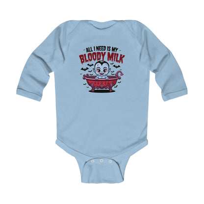 Cute Halloween Infant Long Sleeve Bodysuit - "All I Need Is My Bloody Milk"