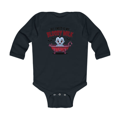 Cute Halloween Infant Long Sleeve Bodysuit - "All I Need Is My Bloody Milk"